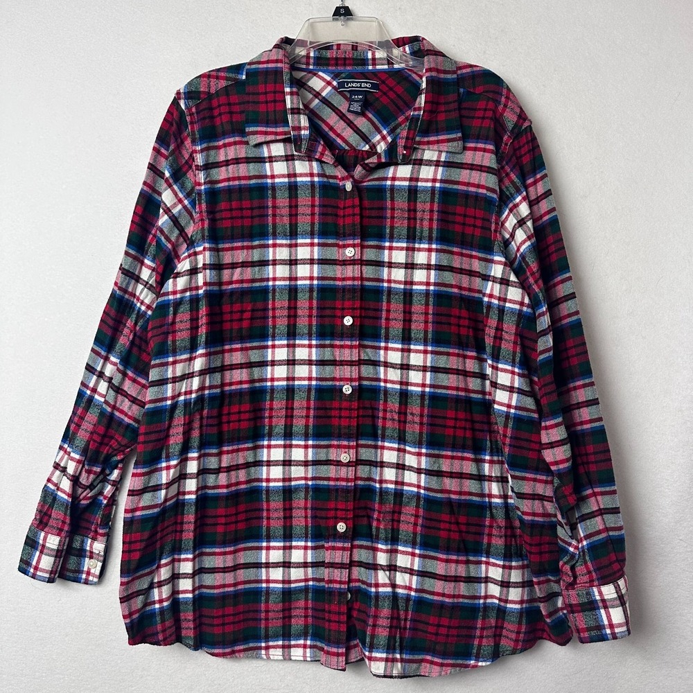 Lands End 24W Red‎ Green Plaid Cotton Flannel Button Down Shirt Long Sleeve